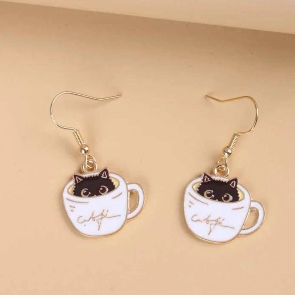 SuperCute Cafe Kitty Cat in a Cup o’ Coffee Gold Enamel Dangle Earrings - Picture 6 of 6